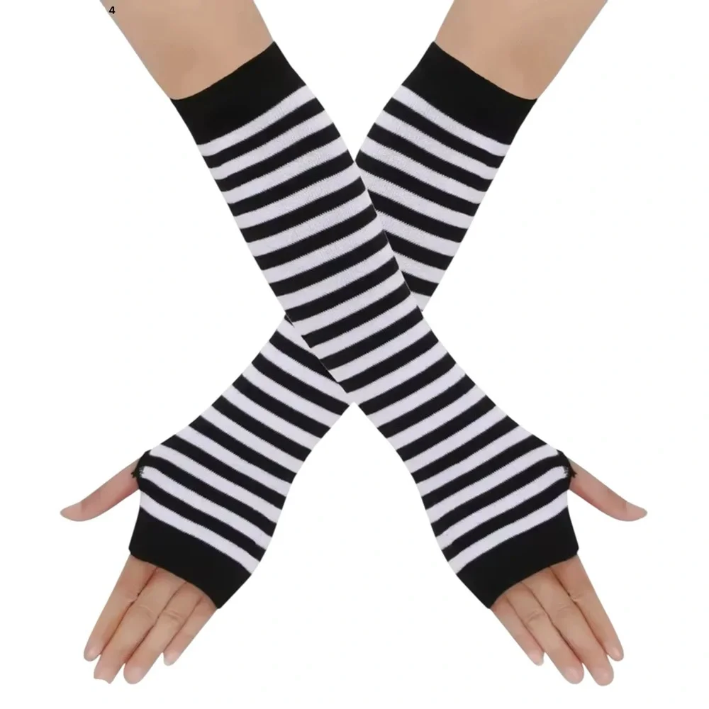 Black and White Striped Fingerless Gloves